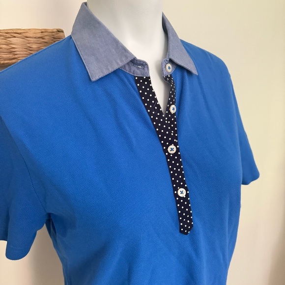 Brooks Womens Polo Shirt Blue Short Sleeve Chambray Collar Polka Dot Trim M - Picture 3 of 9